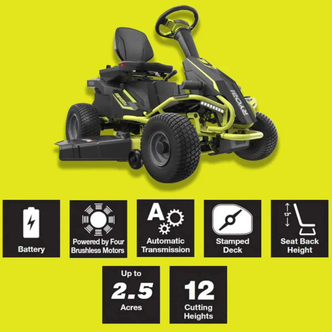 RYOBI 38-inch 100Ah battery electric rear engine riding lawn mower with cutting deck and ergonomic seat.