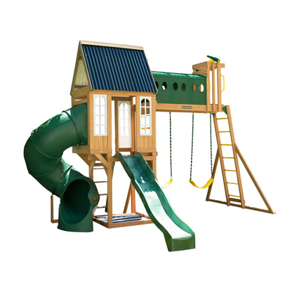 Casavibeo KidKraft Skyway Resort wooden swing set with swings, slide, and climbing features in a backyard setting