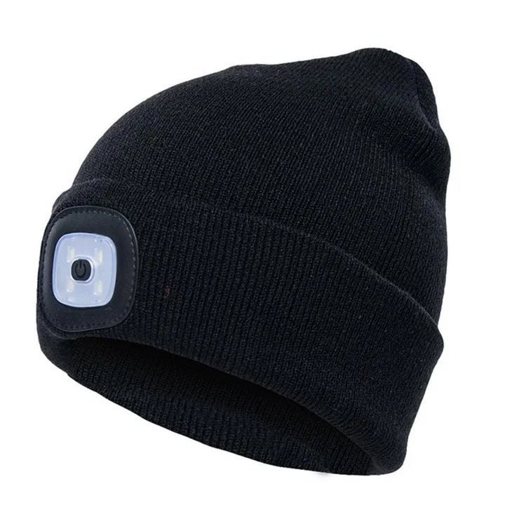 Belro LED Beanie Light showing a warm glow on a dark background, compact electronic flashlight for hands-free illumination.