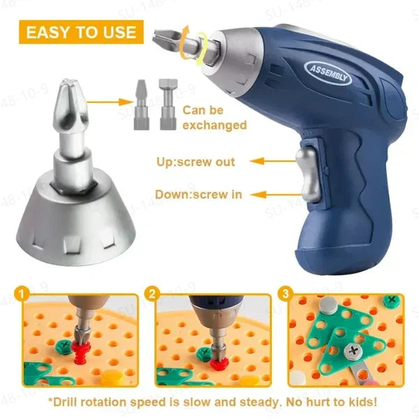 Children's electric drill puzzle toolbox by Belro featuring colorful toy tools and a child-friendly electric drill for imaginative play.