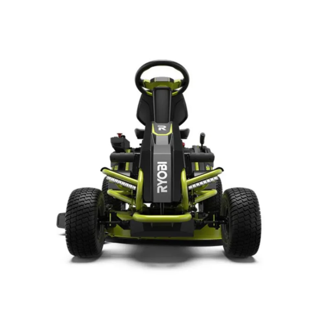 Casavibeo RYOBI 38-inch electric rear engine riding lawn mower with 100 Ah battery and cutting deck in green and black.