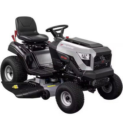 Casavibeo Murray MT100 42-inch lawn tractor with Briggs & Stratton E1350 engine and 6-speed transmission, showing the engine and mower deck.