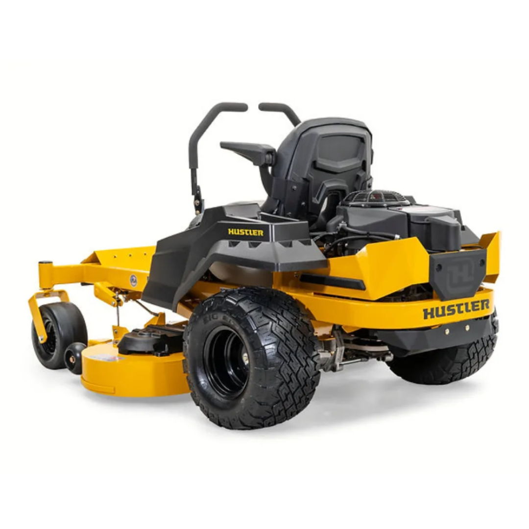 Casavibeo Hustler Raptor X zero-turn mower with 42-inch deck and Kawasaki FR600 18hp engine, shown in a yard setting