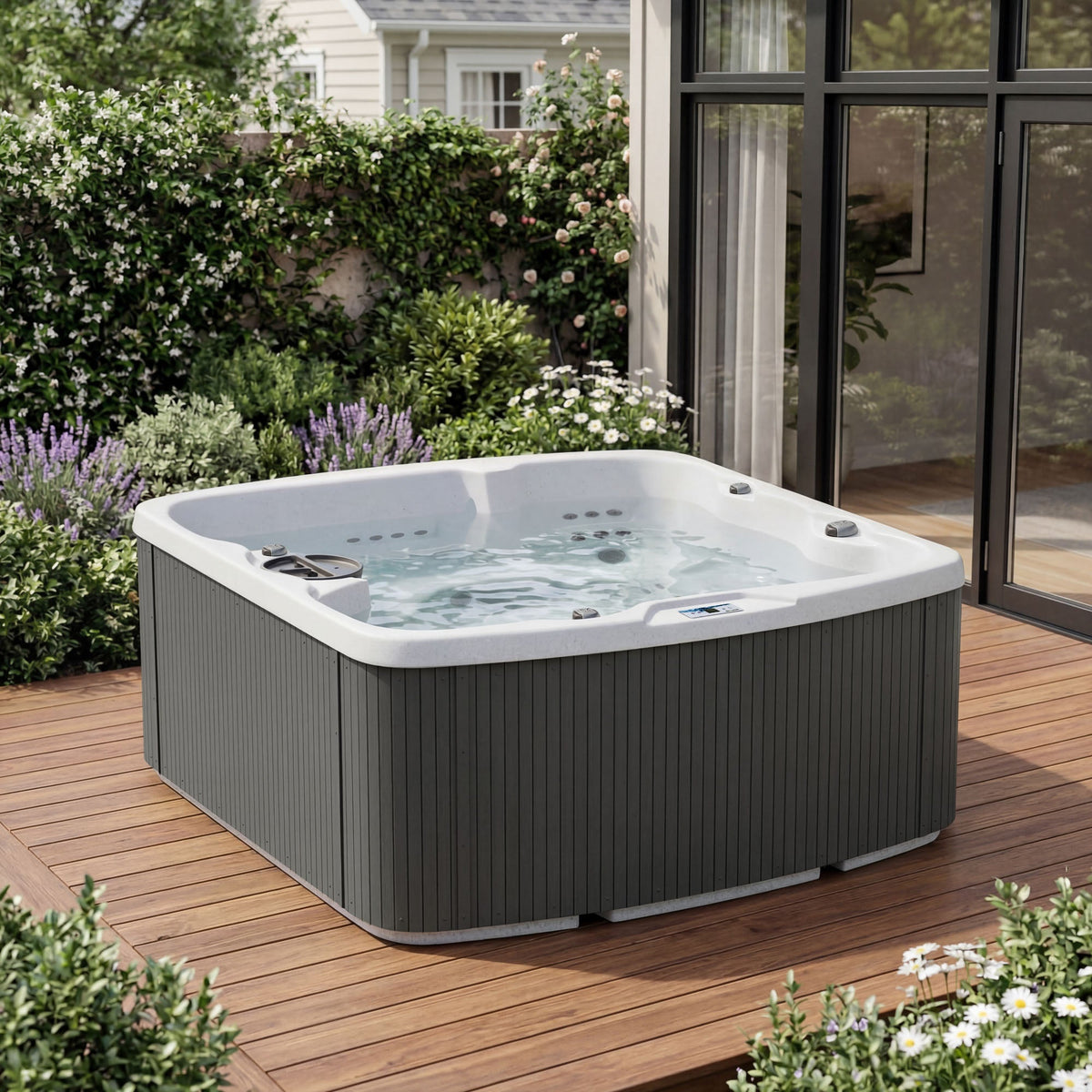 Casavibeo Lifesmart Leganza 6-person spa with 90 jets, lounge seating, in coastal gray, angled view of the outdoor hot tub.