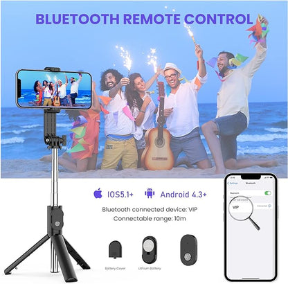 Belro 6-in-1 wireless Bluetooth selfie stick with fill light for smartphones, featuring adjustable arm and built-in LED illumination.