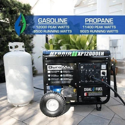 Casavibeo DuroMax DS12000EH 12,000 Watt dual fuel portable generator with control panel and fuel tanks visible.