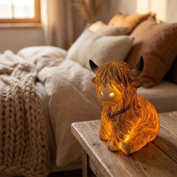 Highland Cow resin night light by Mivoza, emits warm amber glow, decorative lamp perfect for cozy ambient lighting.