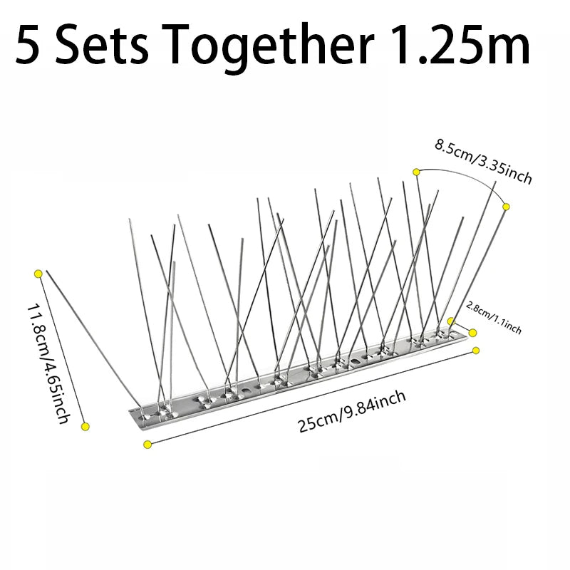 Set of five stainless bird repeller spikes by Belro, outdoor bird deterrent spikes for garden and home decor.