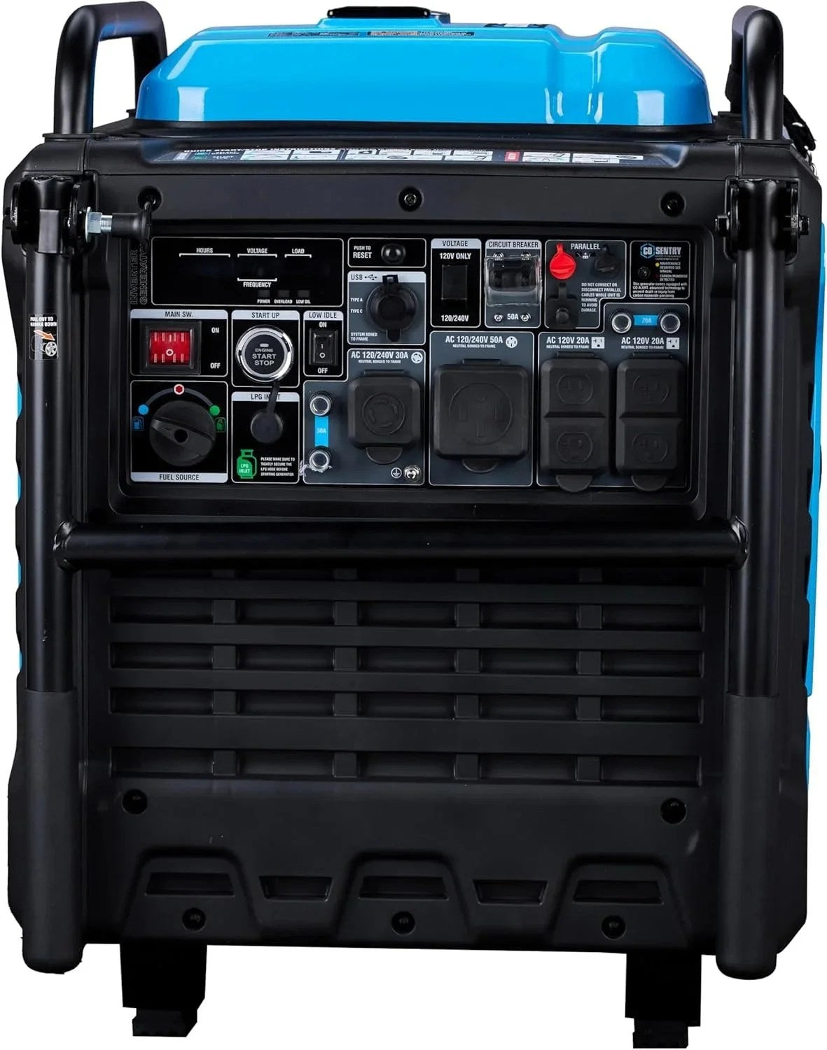Casavibeo Pulsar PGD95BISCO inverter generator showing compact design and control panel with multiple outlets.