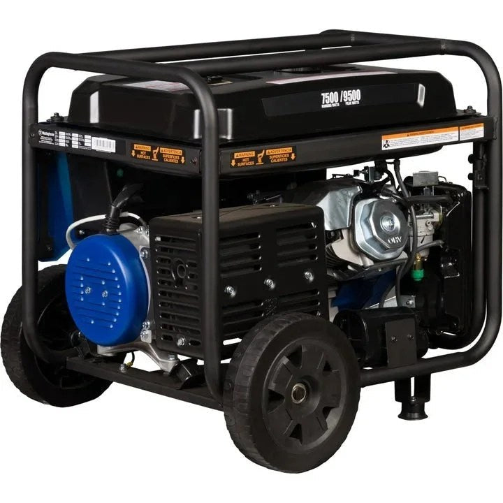 Westinghouse WGen7500c portable generator with 9500 peak watts, shown in a natural outdoor setting with power outlets and control panel.