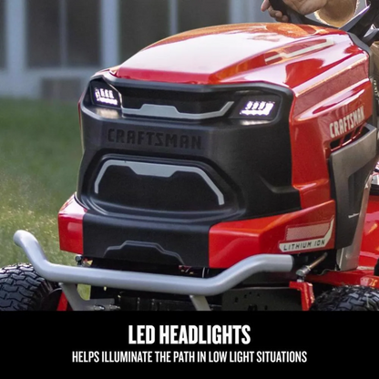 Casavibeo Craftsman CMCRM233303 42-inch electric riding mower with 56V battery, showing the mower's cutting deck and control panel.