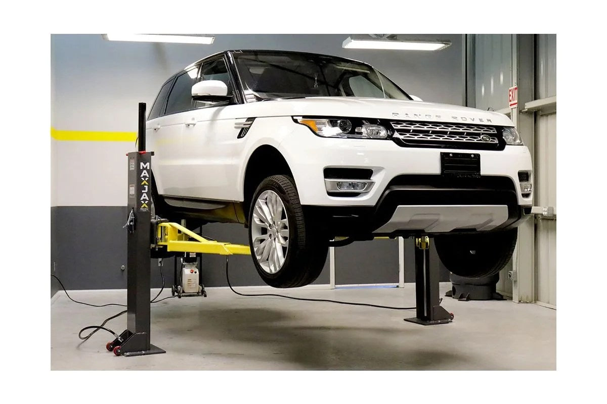 Casavibeo MaxJax portable two-post garage lift with safety arms and hydraulic system, ideal for automotive maintenance and repairs.