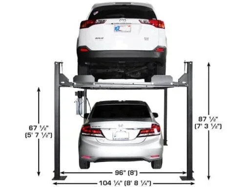 Casavibeo Atlas Apex 8 8,000 lb 4-post lift for cars, showing the sturdy steel frame and lifting mechanism in a garage setting.