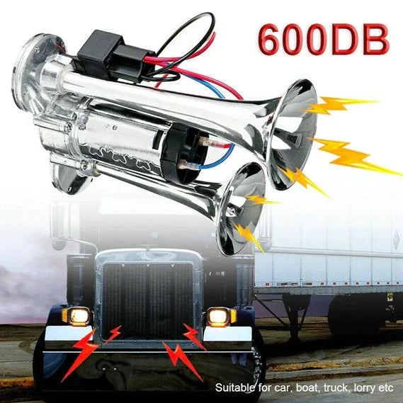 Belro super loud train horn with dual trumpet design, 600dB, 12V electronic audio device for tracks and cars.