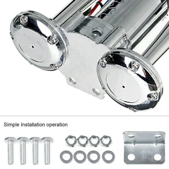 Belro super loud train horn with dual trumpets, 600dB, 12V electronic audio device for tracks and cars, shown with dual trumpet setup