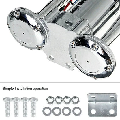 Belro super loud train horn with dual trumpets, 600dB, 12V electronic audio device for tracks and cars, shown with dual trumpet setup