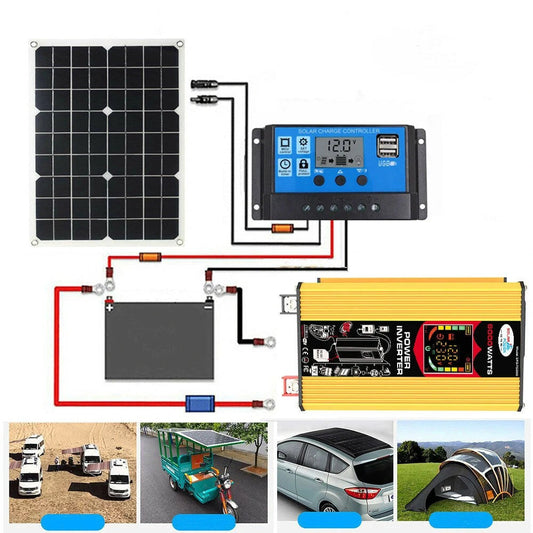 GETDECO 6000W solar power inverter kit with DC 12V to AC 110V/220V, intelligent screen, 18V solar panel, and 30A solar converter.