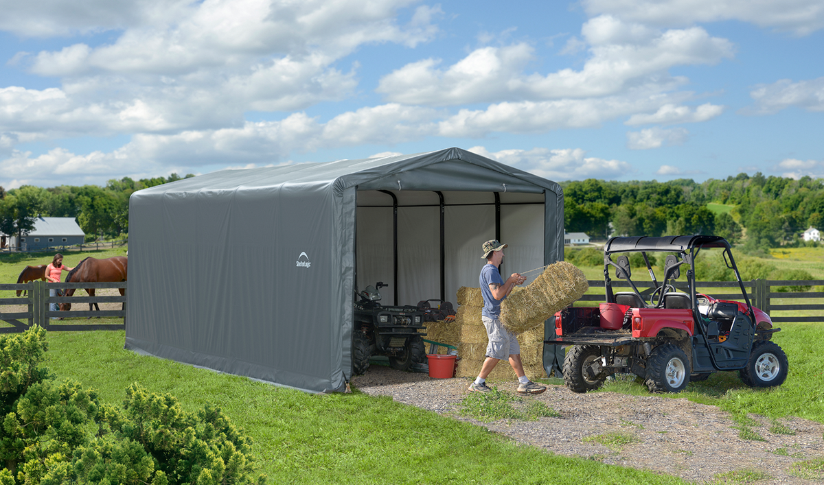 Tan Casavibeo ShelterTube garage with wind and snow load rating, 10x14x8 feet, durable metal construction in image 1095.