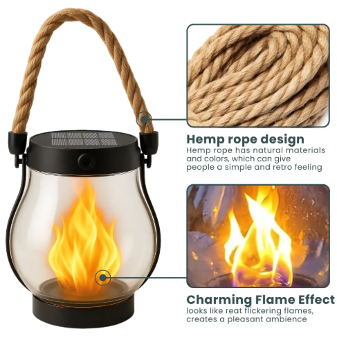 BowLift Solar Flame Garden Light with magical fire seed design, outdoor décor, creates ambient mood lighting in garden spaces.