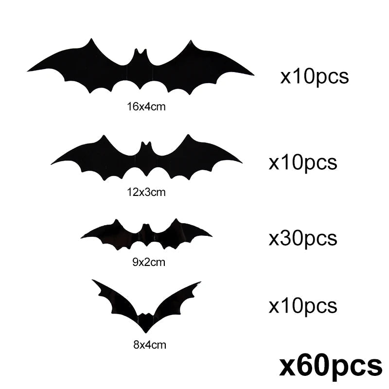 Set of 60 Belro 3D PVC Halloween bats wall stickers for men’s clothing decoration and spooky themed accessories.