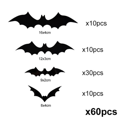 Set of 60 Belro 3D PVC Halloween bats wall stickers for men’s clothing decoration and spooky themed accessories.