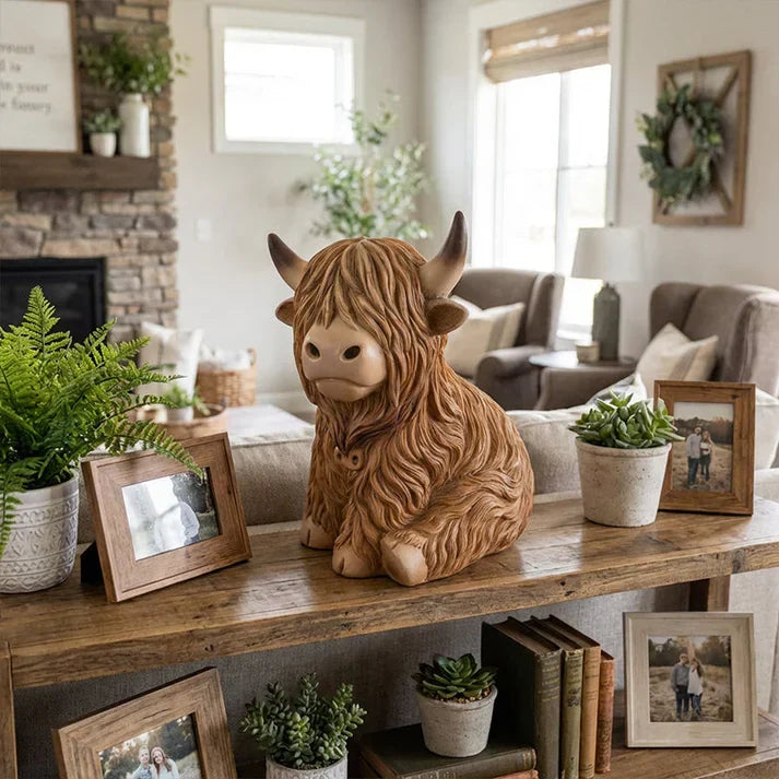 Mivoza Highland Cow resin night light emitting a warm amber glow, decorative lamp for cozy bedroom or living space ambiance.