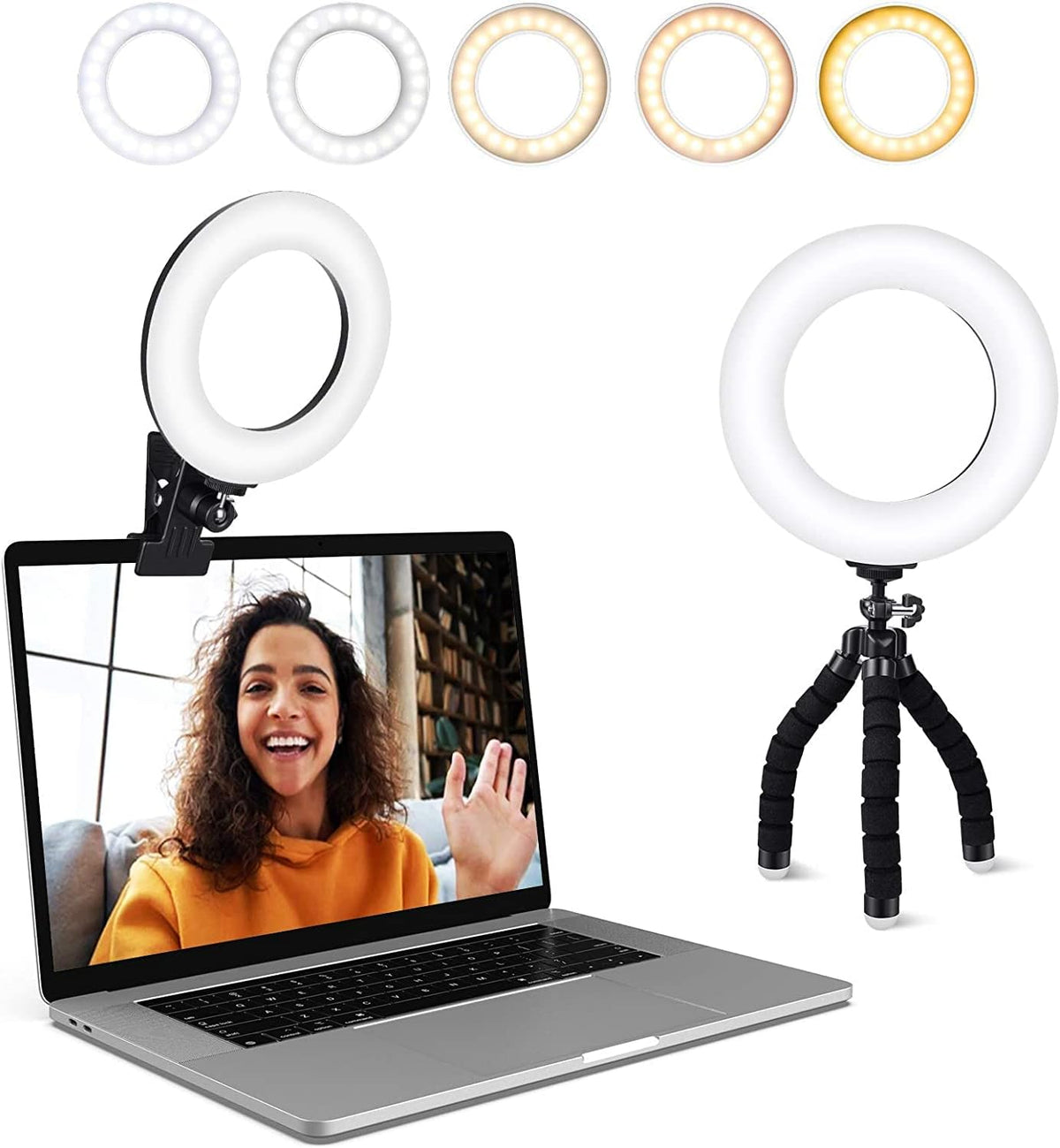 Belro clip-on laptop ring light attached to a laptop, providing adjustable lighting for video calls and streaming.