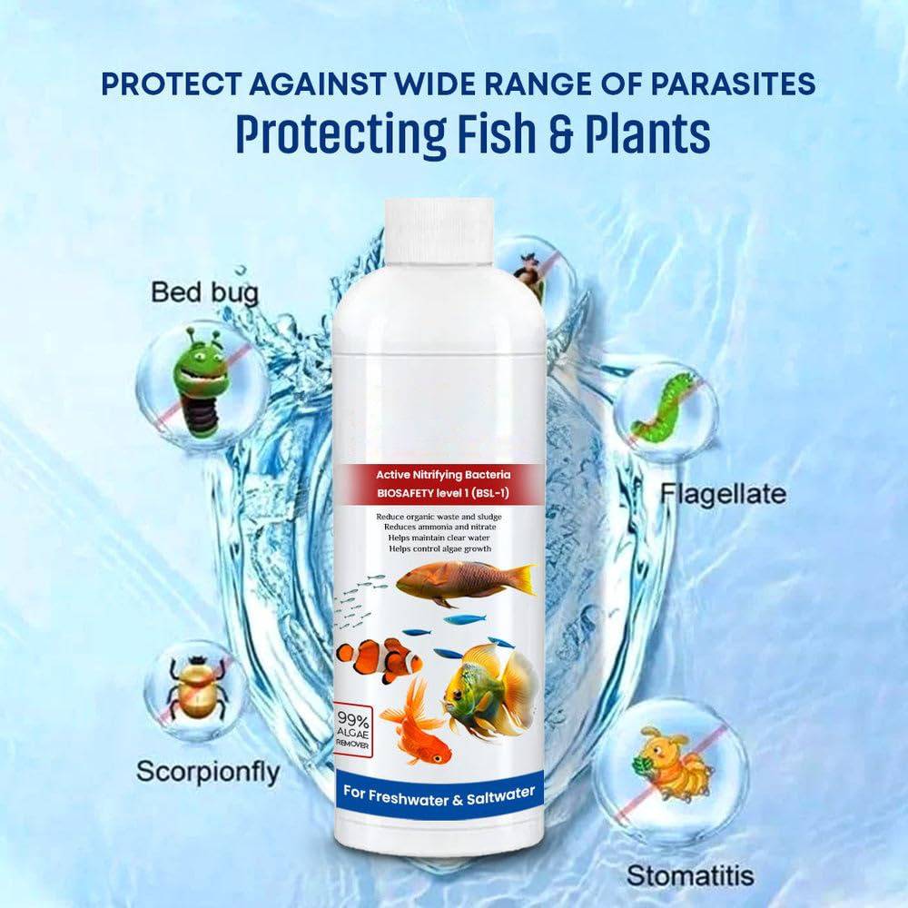Three bottles of Belro fish tank cleaner liquid for aquarium maintenance and water purification.