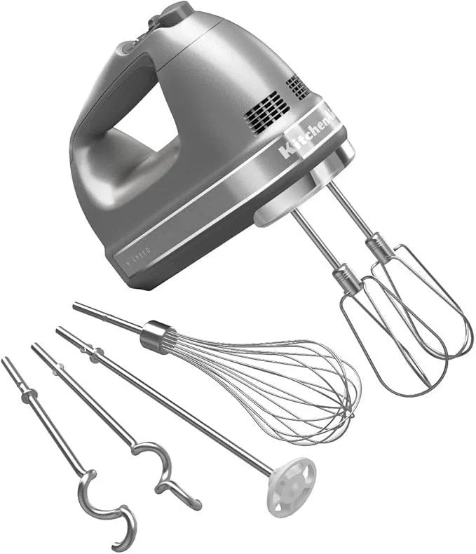 KitchenAid 9-speed digital hand mixer in contour silver with turbo beater II accessories and pro whisk attachments.