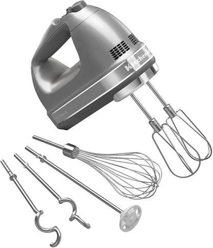 KitchenAid 9-speed digital hand mixer in contour silver with turbo beater II accessories and pro whisk attachments.