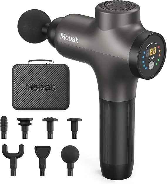 Casavibeo Mebak 3 massage gun for deep tissue muscle relief, showing the portable percussion massager with attachments for athletes.