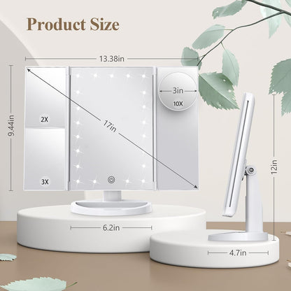 Belro tri-fold LED makeup mirror with built-in lights, featuring multiple viewing angles and a sleek design for beauty routines.