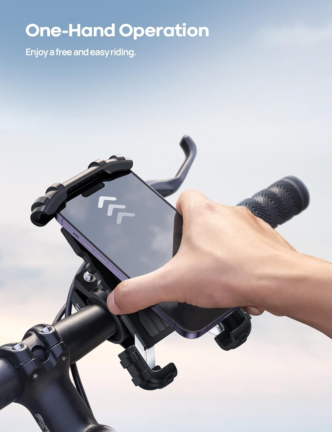 Belro motorcycle phone mount attached to motorcycle handlebar, secure and adjustable for easy device access during rides.
