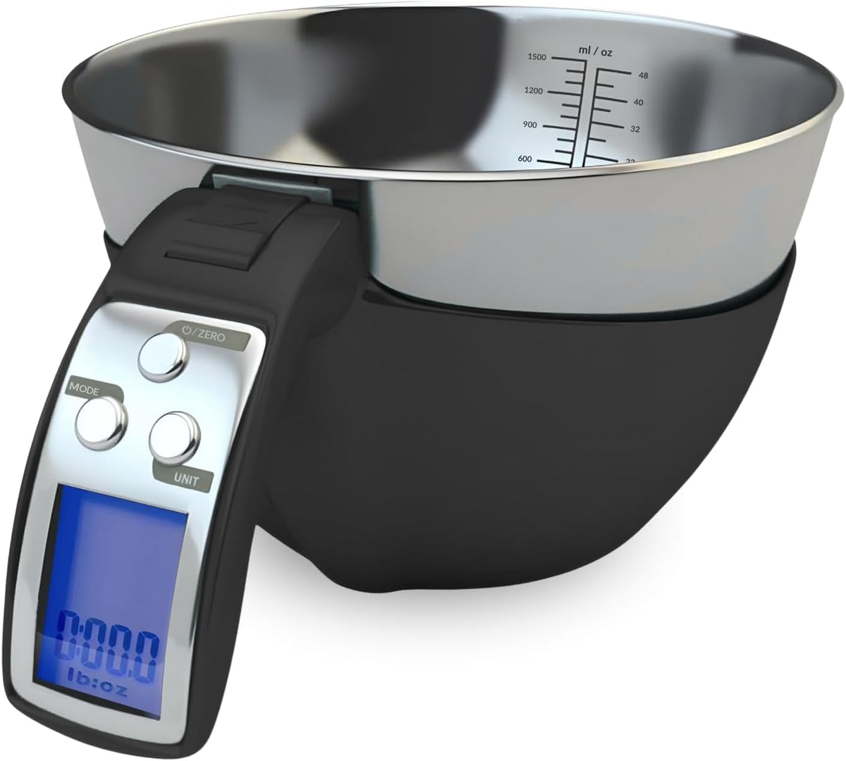 Belro digital measuring cup scale with clear LCD display, plastic body, and measurement markings for precise ingredient measuring.