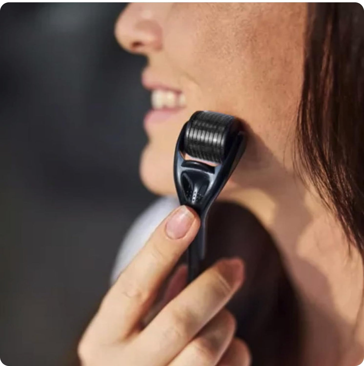 Belro beard hair growth roller for skin care, showing a close-up of the black roller tool with a textured surface for hair stimulation.
