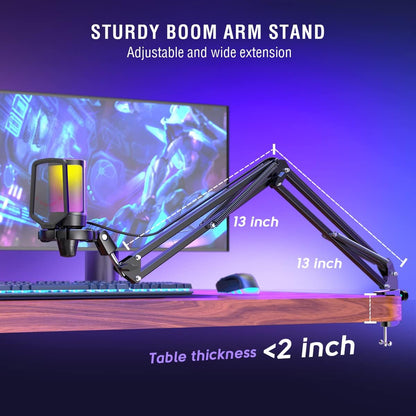 Belro gaming PC microphone condenser mic for podcasting and streaming, with a sleek black design and adjustable stand.