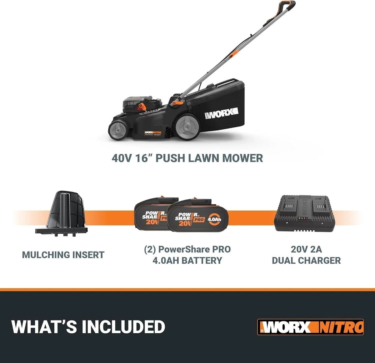 Casavibeo WORX Nitro 40V 16-inch cordless lawn mower with brushless motor and Intellicut technology, shown outdoors on grass.