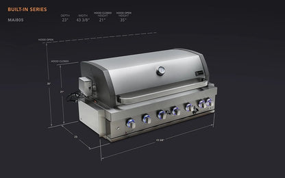 Casavibeo Mont Alpi 805 built-in gas grill showing stainless steel body, multiple burners, and control knobs on a kitchen countertop.