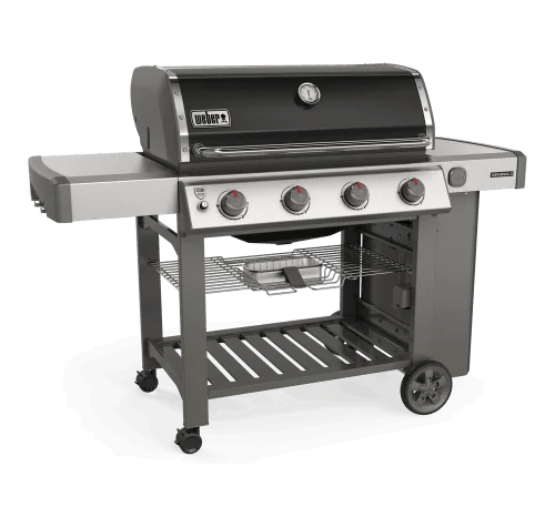 Casavibeo Weber Genesis II E-410 NG gas grill with four burners, stainless steel lid, and side shelves for outdoor cooking.