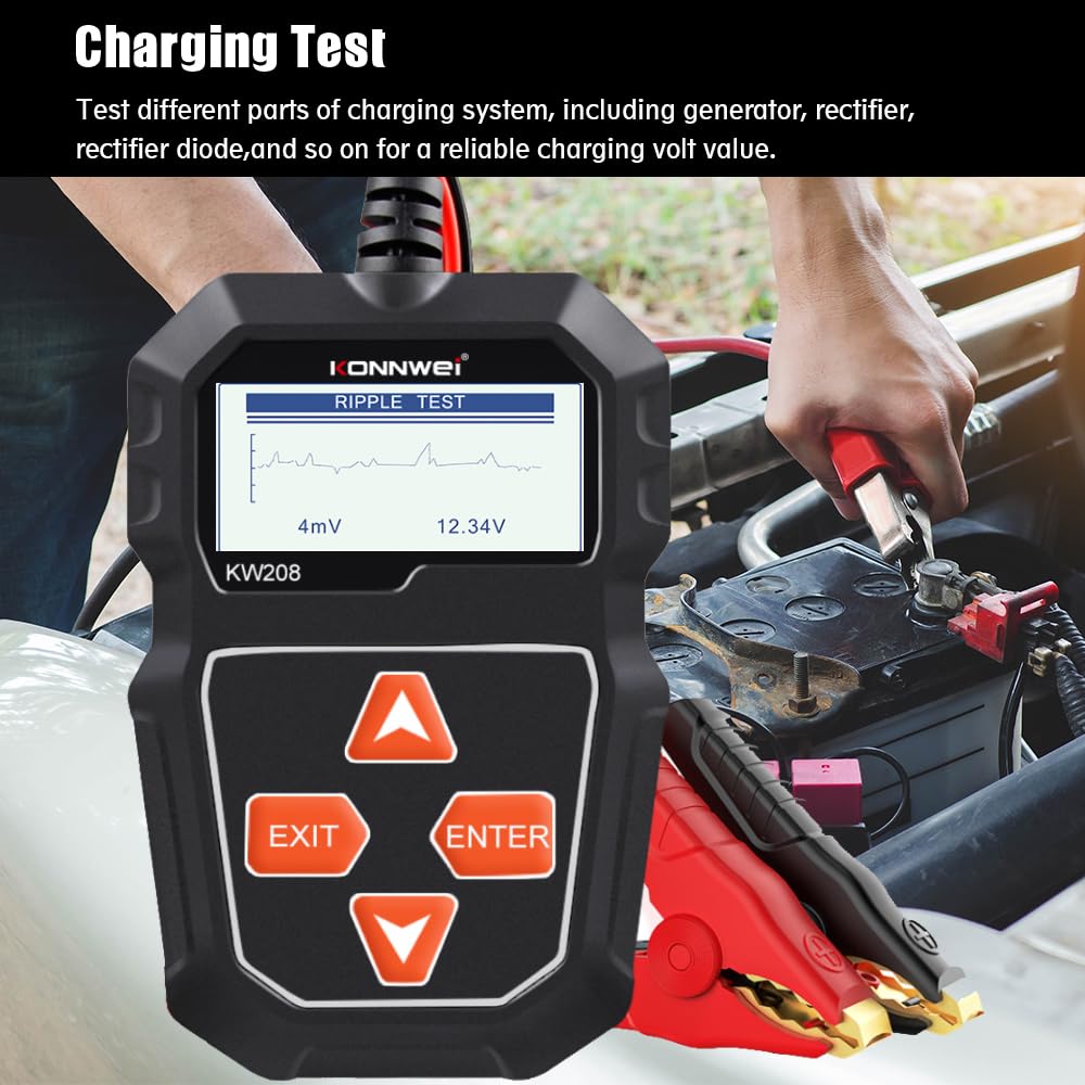 Belro Car Alternator Battery Tester showing digital display and testing ports for automotive batteries and charging systems.