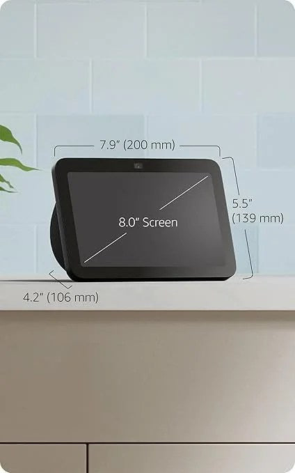 Casavibeo Amazon Echo Show 8 smart display with Glacier White finish, featuring spatial audio and smart home hub functionality.
