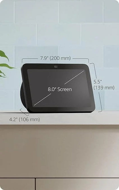 Casavibeo Amazon Echo Show 8 smart display with Glacier White finish, featuring spatial audio and smart home hub functionality.