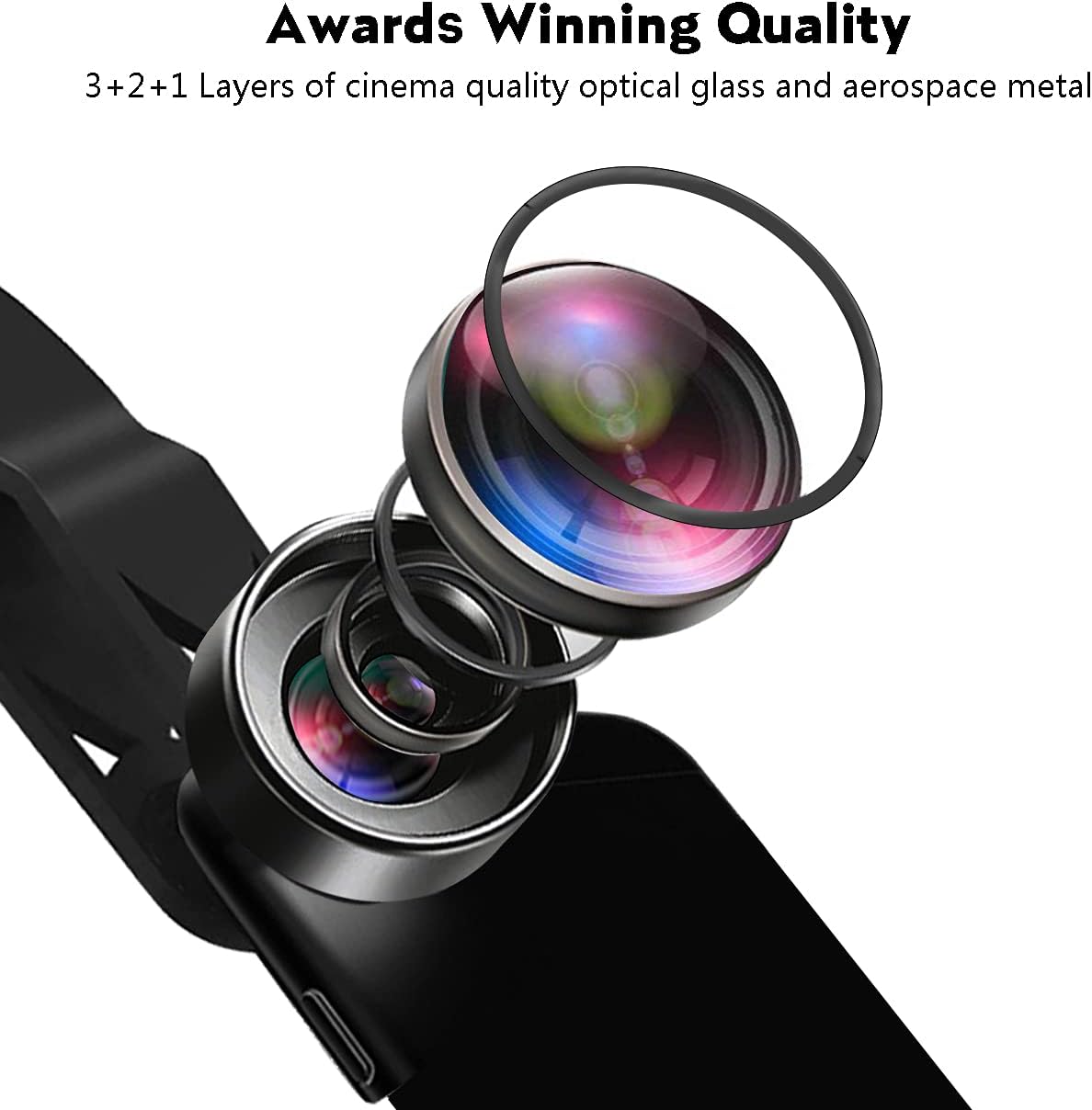 Belro wide-angle lens attached to a smartphone camera, electronics camera lens for enhanced wide-angle photography.