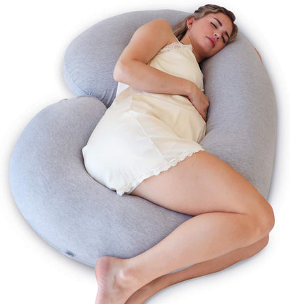 Belro C-shaped full body pregnancy pillow with soft fabric cover, designed for comfortable support during pregnancy.