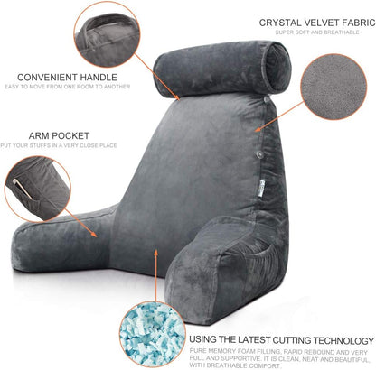 Belro reading bed pillow with arms, cushioned support for comfortable lounging and reading in bed.