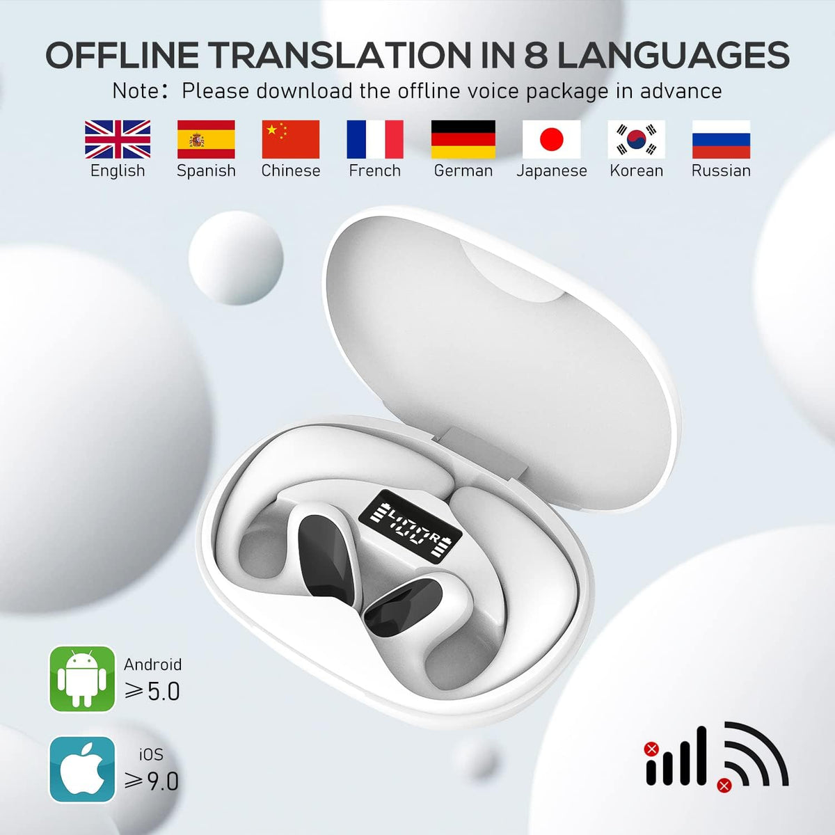 Belro language translator earbuds in black with sleek design, wireless earbuds for real-time translation and language learning.