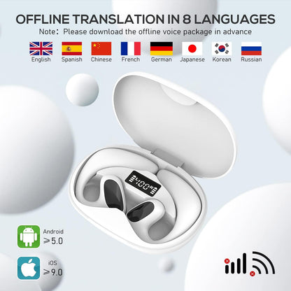 Belro language translator earbuds in black with sleek design, wireless earbuds for real-time translation and language learning.