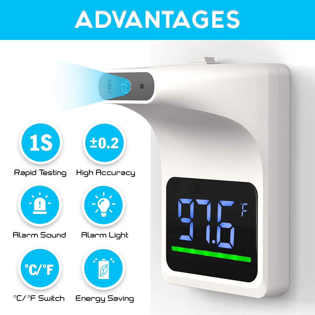 Belro contactless wall-mounted forehead thermometer showing digital display in a modern setting