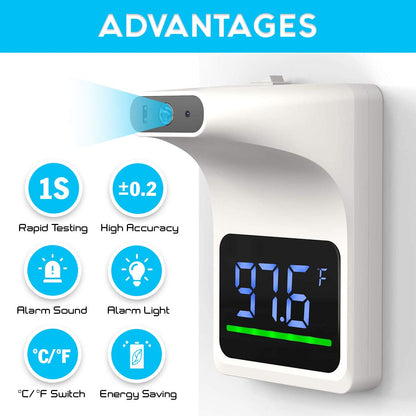 Belro contactless wall-mounted forehead thermometer showing digital display in a modern setting