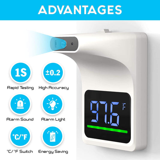 Belro contactless wall-mounted forehead thermometer showing digital display in a modern setting
